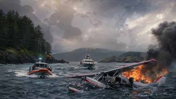 Fiery seaplane crash near a forested island with rescue boats approaching in choppy coastal waters.