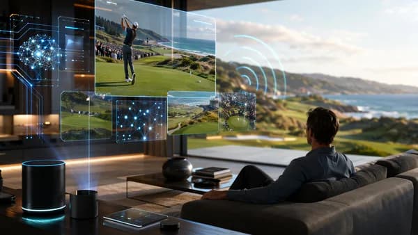 Futuristic streaming setup showing live golf on screens with broadcast signals and tech visuals.