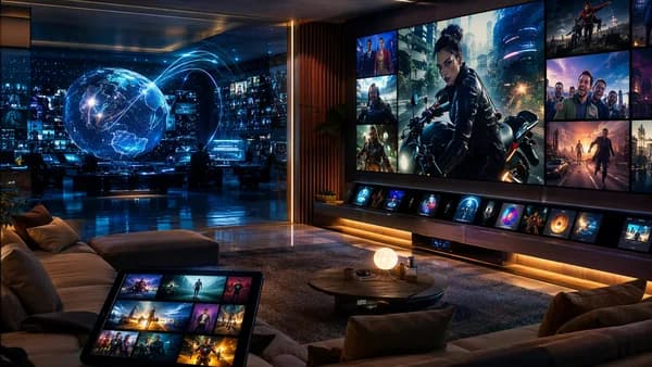 Global streaming hub with screens, holographic globe, and action-comedy visuals in a futuristic workspace.
