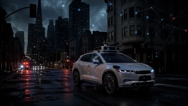 Autonomous robotaxi paused on a dark San Francisco street during a power outage.