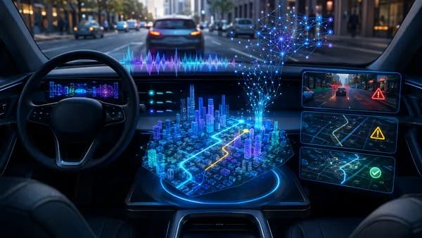 AI navigation dashboard ranking routes on a glowing city map with voice search and road update signals.