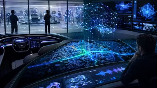 Futuristic car navigation dashboard with AI network visuals and cautious feature testing atmosphere