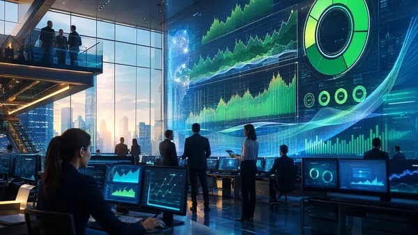 Modern bank dashboard with green credit risk signals and profit growth, hinting at margin pressure.
