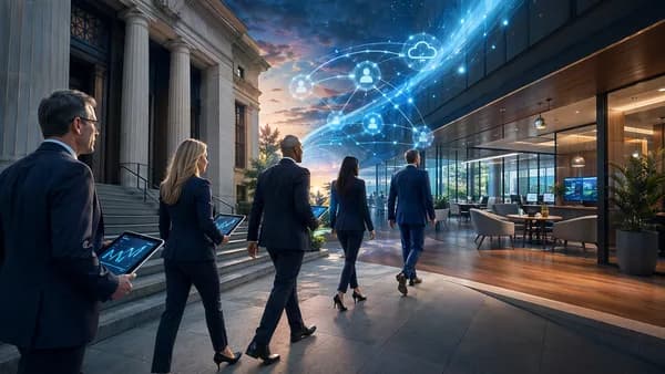 Financial advisors move from a bank tower to an independent digital advisory workspace with asset streams.