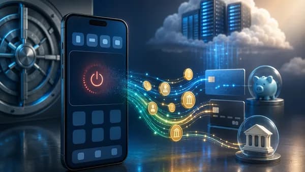 Generic digital banking app shutting down as funds move to other accounts in a fintech-themed scene