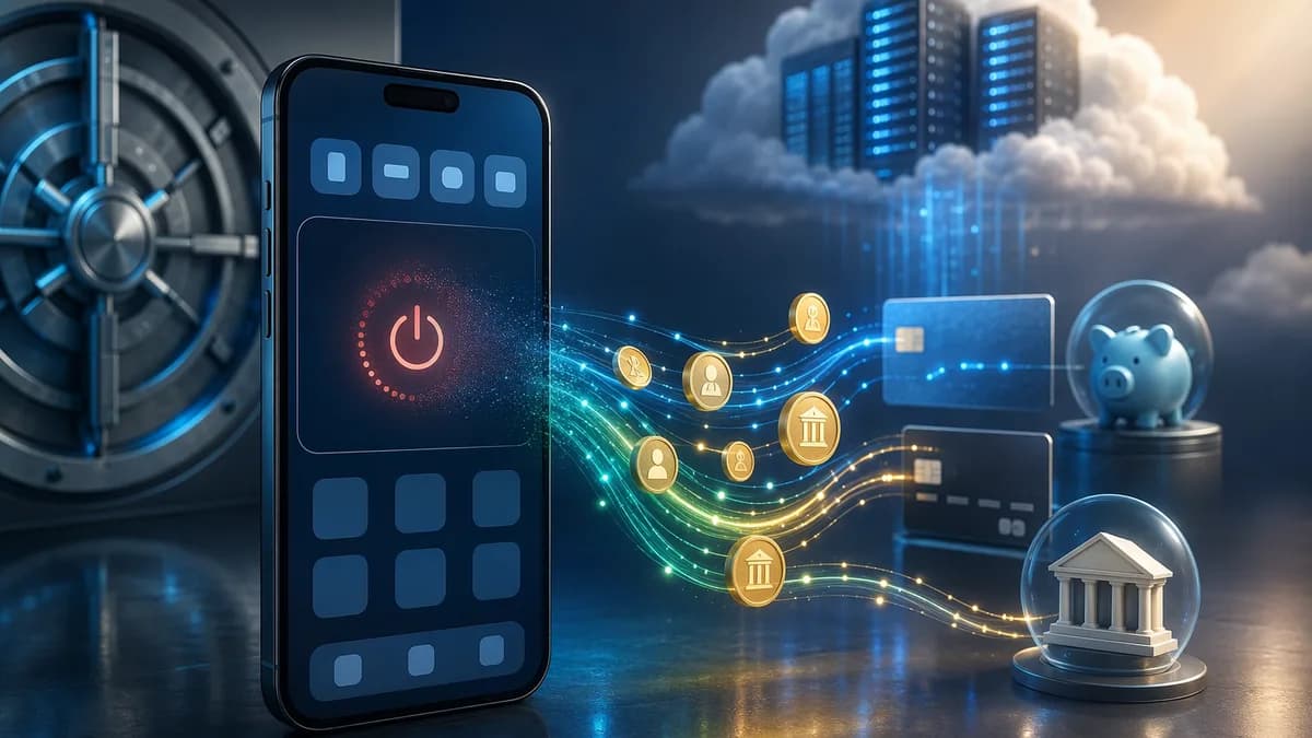 Generic digital banking app shutting down as funds move to other accounts in a fintech-themed scene