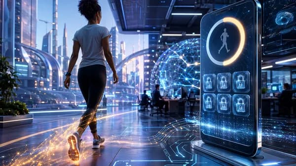 Walker using steps to unlock generic smartphone apps in a futuristic tech workspace.