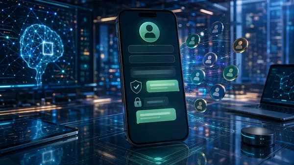 Smartphone with abstract chat identity interface in a futuristic tech workspace