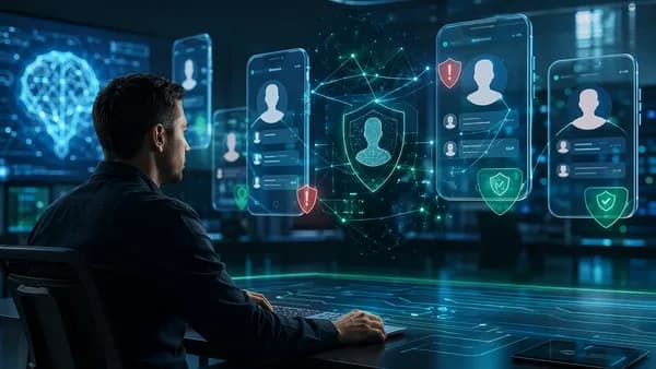 Cybersecurity analyst monitoring fake messaging profiles and identity protection signals in a futuristic workspace.