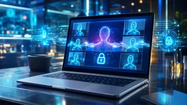 Modern laptop showing abstract secure browser video calling in a futuristic tech workspace.