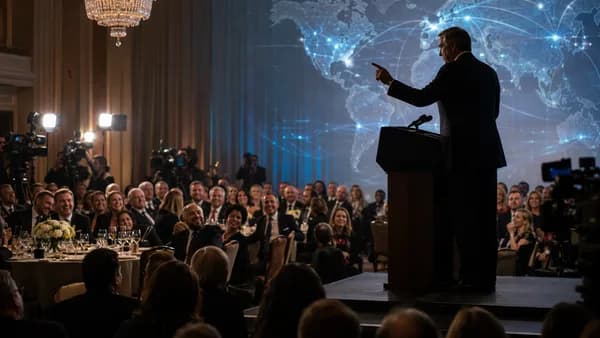 Tense White House press dinner scene with journalists, podium, cameras, and abstract global map lights.