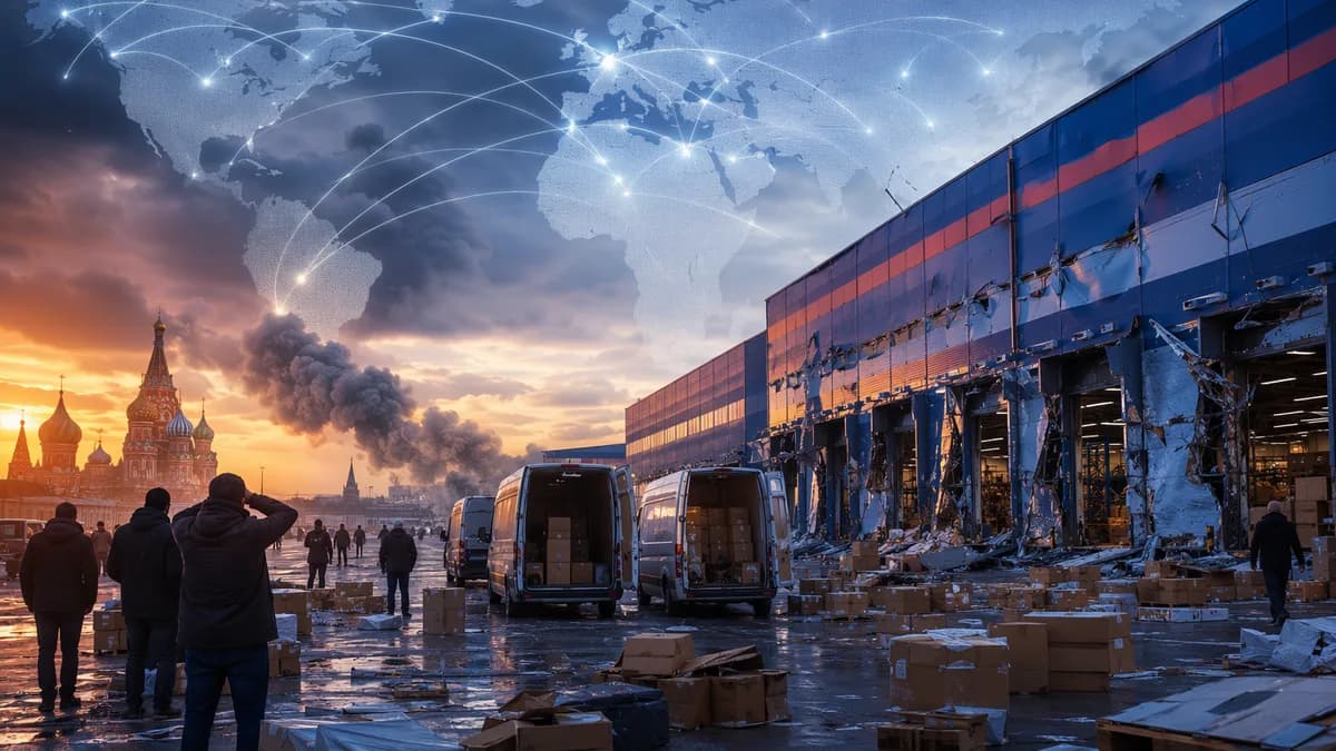 Damaged Russian e-commerce hub with parcels, merchants, smoke, and global supply-chain map overlay