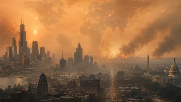 Smoky North American city skylines under wildfire haze with global connection map overlay.