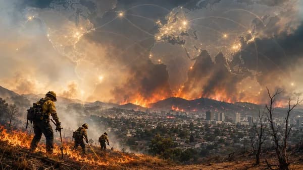 Wildfire smoke over a city with firefighters and a subtle global map showing worldwide climate risk.