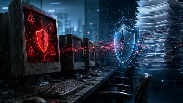 Aging office PCs under cyber threat with strained digital shields and security cost imagery.