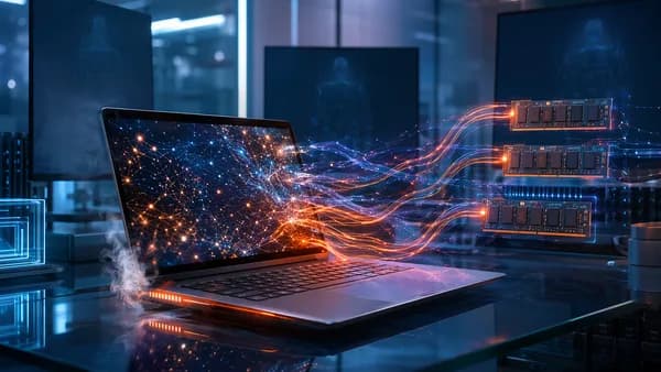 Premium laptop in a futuristic workspace visualizing memory bottlenecks and sluggish performance.