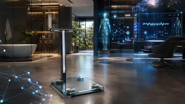 Premium smart health scale in a futuristic home wellness tech setting with biometric visuals.