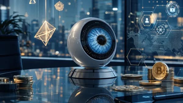 Futuristic biometric iris scanner with crypto and digital banking visuals in a modern fintech scene