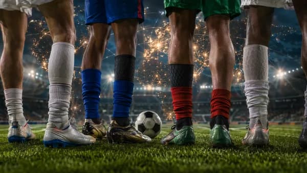 Soccer players with cut socks on a global stadium backdrop symbolizing World Cup kit comfort trends