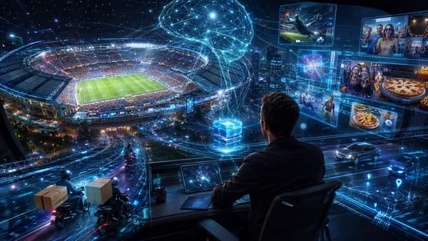 Futuristic soccer stadium linked to glowing commerce, delivery and payment networks.