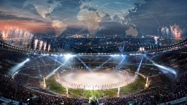 Overloaded World Cup halftime spectacle in a stadium beneath a glowing world map and global connections.