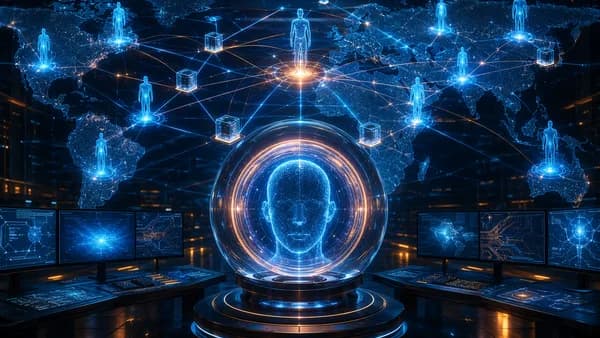 Futuristic biometric identity hub with AI networks and secure verification nodes.