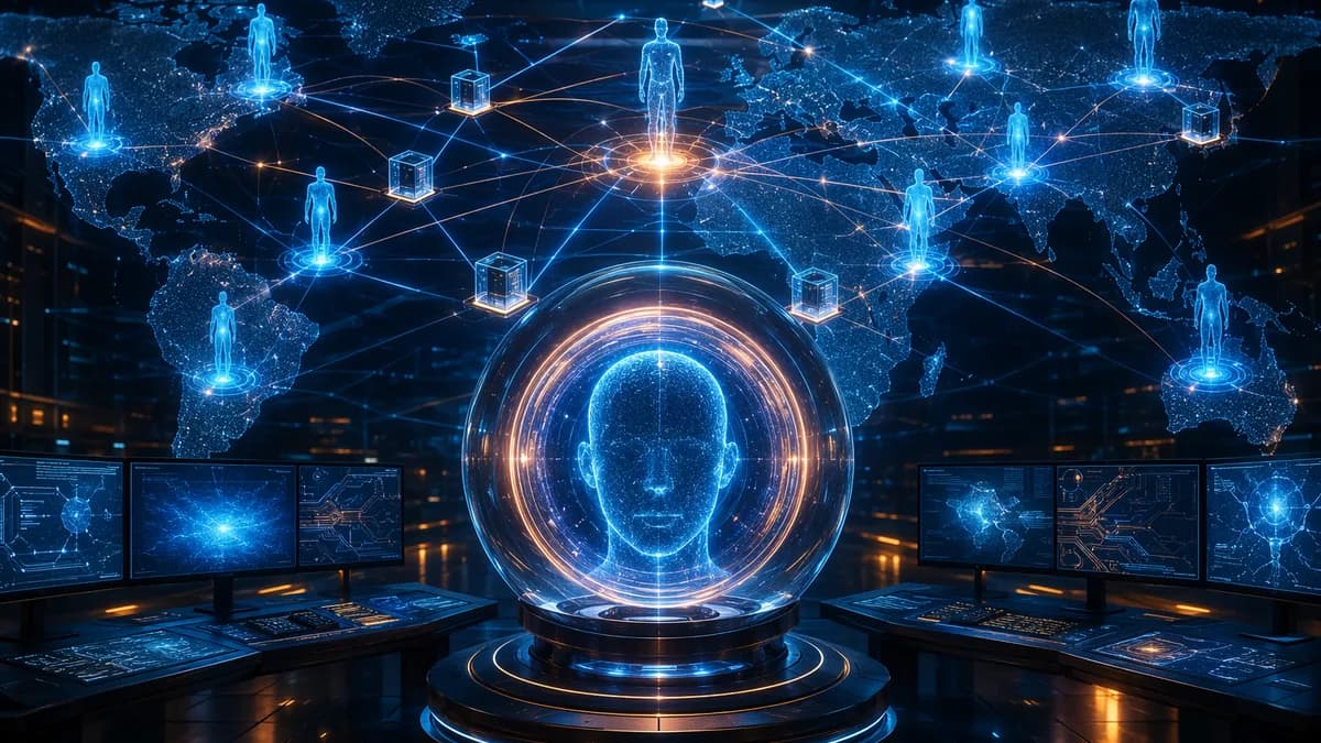Futuristic biometric identity hub with AI networks and secure verification nodes.