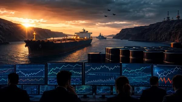 Oil tanker and trading floor screens evoke crude market tension amid geopolitical risk.