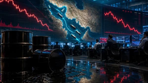 Oil market trading floor with falling charts and subtle Gulf shipping risk imagery