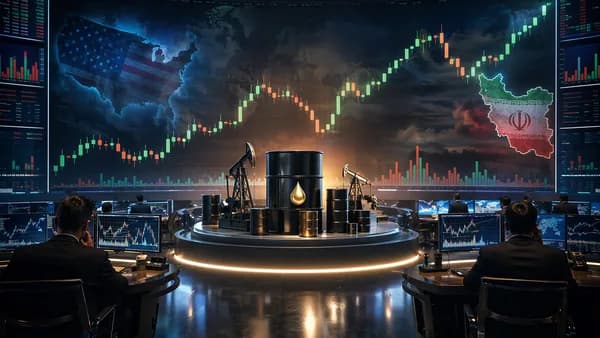 Oil trading floor with charts, barrels, and geopolitical tension signals amid bullish crude market outlook