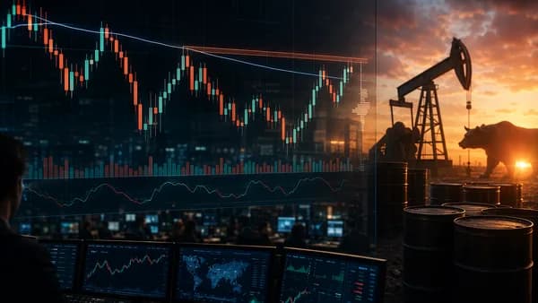 Crude oil trading screens show WTI price action near resistance with oil barrels and market visuals.