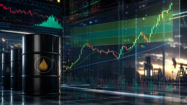 Oil trading desk with crude barrels and glowing charts suggesting WTI rebound and key technical levels