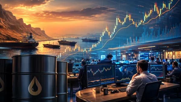 Oil barrels, tanker silhouettes, and rising market charts on a modern trading floor.
