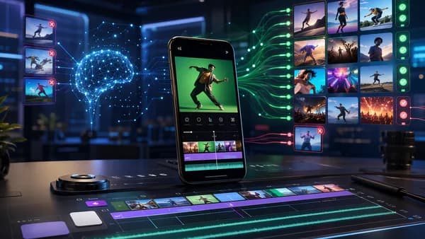 Futuristic mobile video editing workspace with green screen glow and AI authenticity visuals.