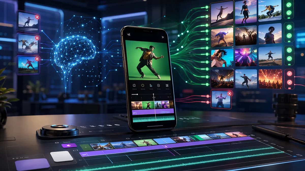 Futuristic mobile video editing workspace with green screen glow and AI authenticity visuals.