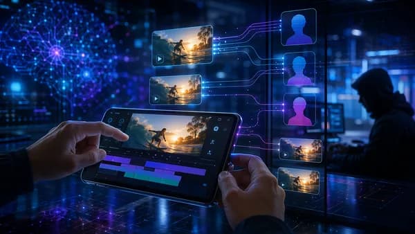 Smartphone video editor amid duplicated social media clips in a futuristic tech workspace.