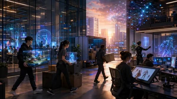 Futuristic game studio teams move glowing game worlds from a corporate tower into independent creative spaces.