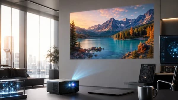 Compact laser projector casting a sharp image in a bright futuristic tech workspace.