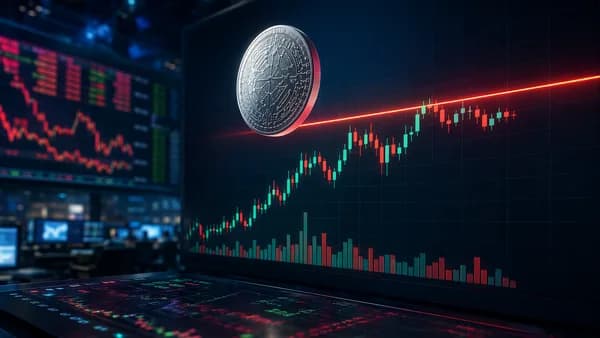 Generic crypto coin over stalled trading charts with fading volume in a modern market data scene.