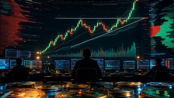 Crypto trading desk with bullish chart triangle breakout and abstract market data visuals
