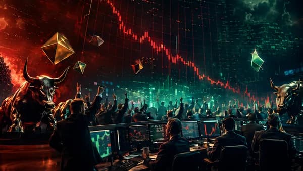 Crypto trading floor with falling charts and bullish silhouettes signaling market sentiment risk