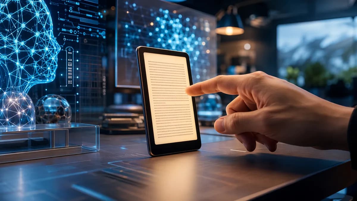 Tiny touchscreen e-reader glowing on a futuristic tech desk with screens and circuits.