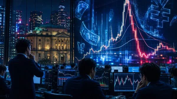 Tokyo trading floor with volatile currency charts suggesting yen intervention risk