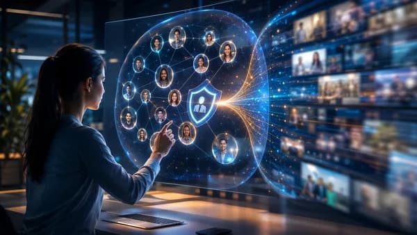 Private social network visual with secure glowing circles in a futuristic tech workspace.