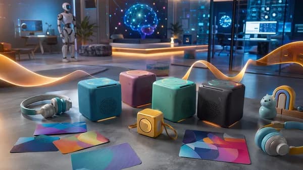 Screen-free kids audio players and accessories in a sleek tech workspace with deal-inspired lighting.