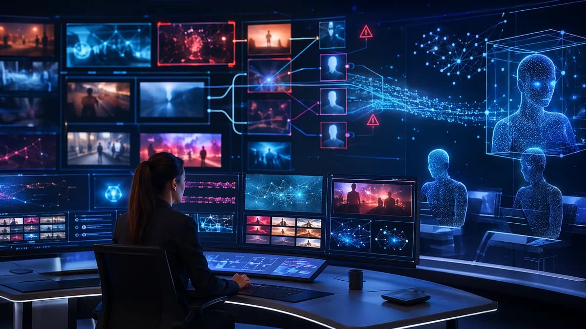 AI video moderation hub showing holographic clips, avatars, and quality filters in a futuristic workspace.
