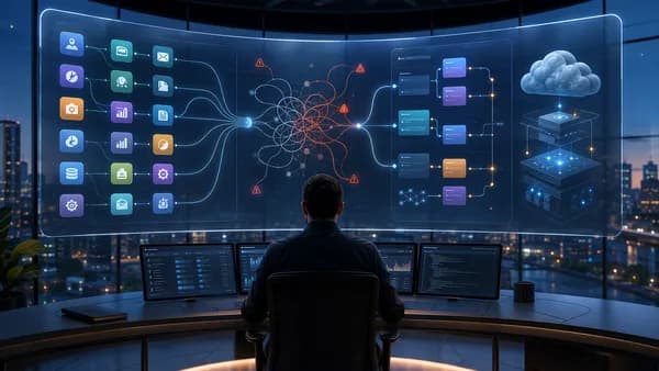 Enterprise automation dashboard comparing app breadth and developer control in a modern cloud workflow scene