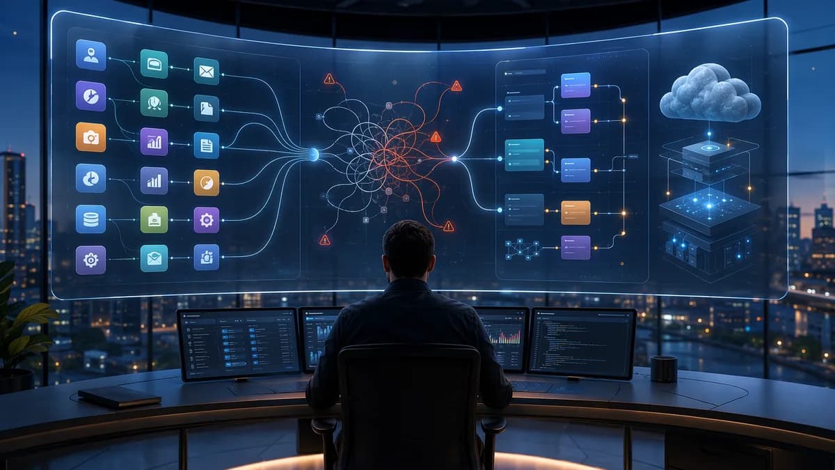 Enterprise automation dashboard comparing app breadth and developer control in a modern cloud workflow scene