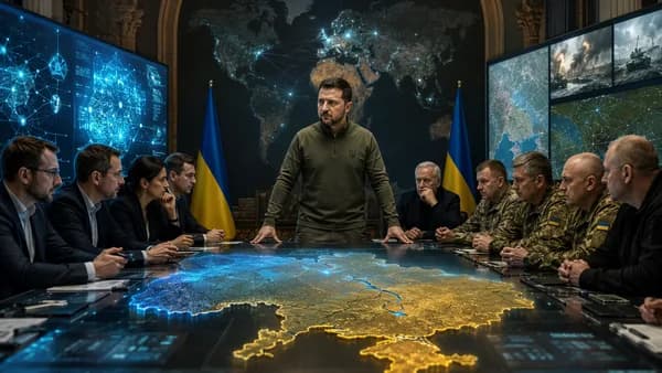 Ukrainian wartime strategy room showing a leadership split between reform and military command.