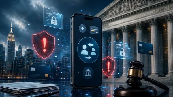Smartphone payment app, fraud warning icons, locked records and courthouse in fintech lawsuit scene